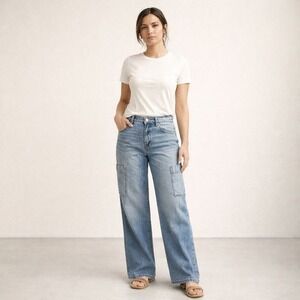 Blue Revival High Rise Wide Leg Cargo Jeans Flex Back‎ Denim Size 30